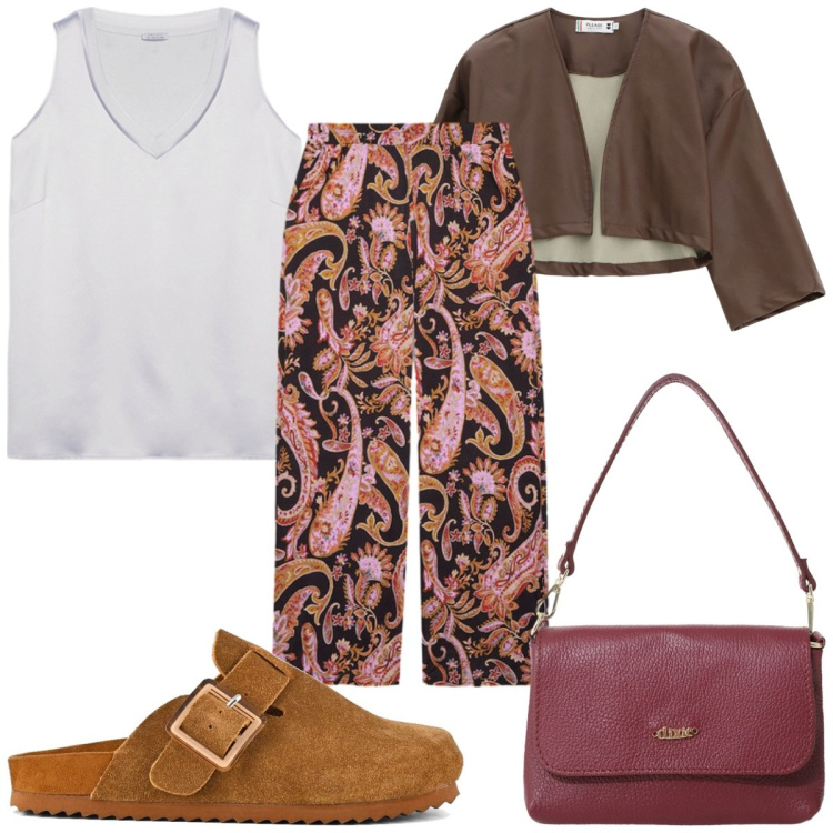 Outfit donna - Total look #2258645. Stile Trendy per Tutti i giorni. Abbinamento con giacche, borse a tracolla, sabot, top, pantaloni.