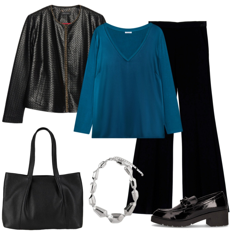 Outfit donna - Maglia ottanio per il lavoro!. Stile Casual chic per Ufficio. Abbinamento con shopping bag, pantaloni, bluse, giacche, mocassini, ciondoli.
