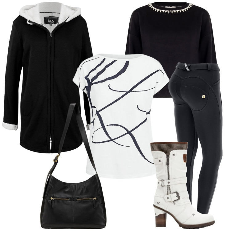 Outfit donna - Vestirsi a cipolla. Stile Basic per Tutti i giorni. Abbinamento con felpe, stivali, borse a mano, felpe, pantaloni skinny, maglieria.