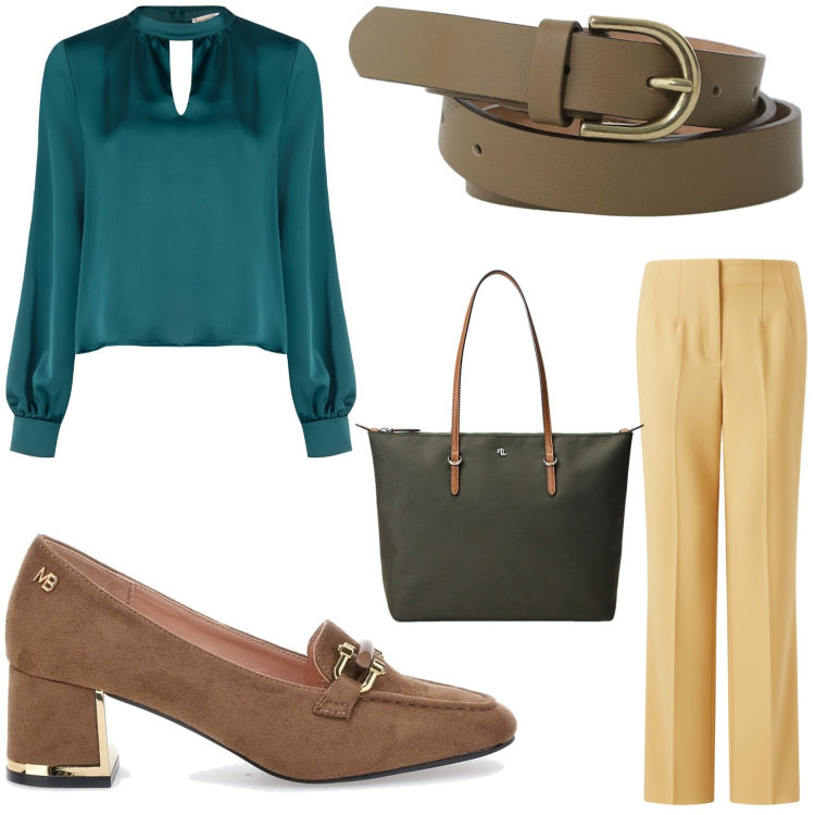 Outfit donna - Beige e verde. Stile Chic per Ufficio. Abbinamento con cinture, bluse, pantaloni, borse tote, mocassini.