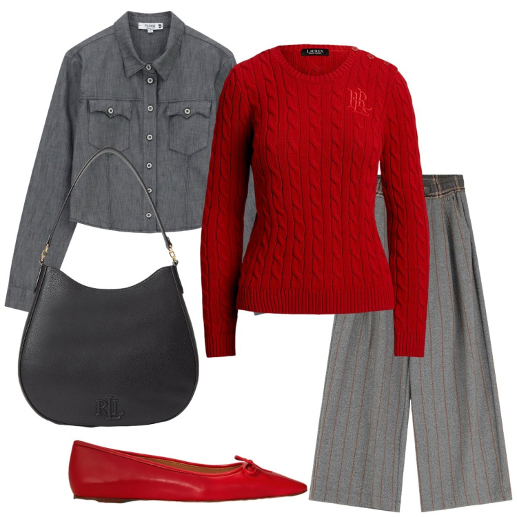Outfit donna - Il pullover rosso. Stile Basic per Serata fuori. Abbinamento con camicie, pantaloni a palazzo, ballerine, borse a spalla, maglieria.