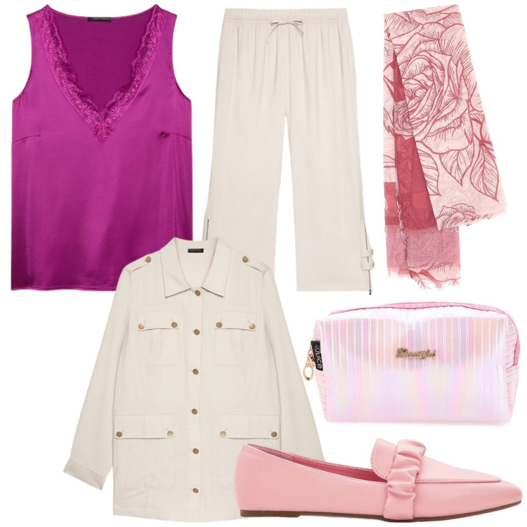 Outfit donna - Il glamour che ci piace. Stile Glamour per Serata fuori. Abbinamento con mocassini, foulard, valigie, pantaloni, top, blazer.