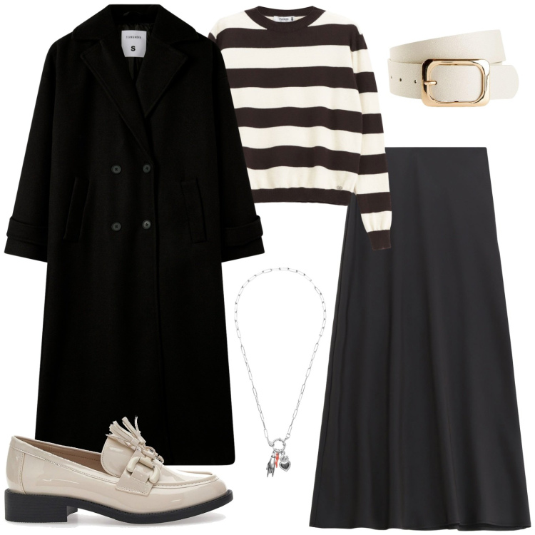 Outfit donna - Pullover a righe. Stile Casual per Tutti i giorni. Abbinamento con cinture, cappotti, pullovers, gonne lunghe, ciondoli, mocassini.