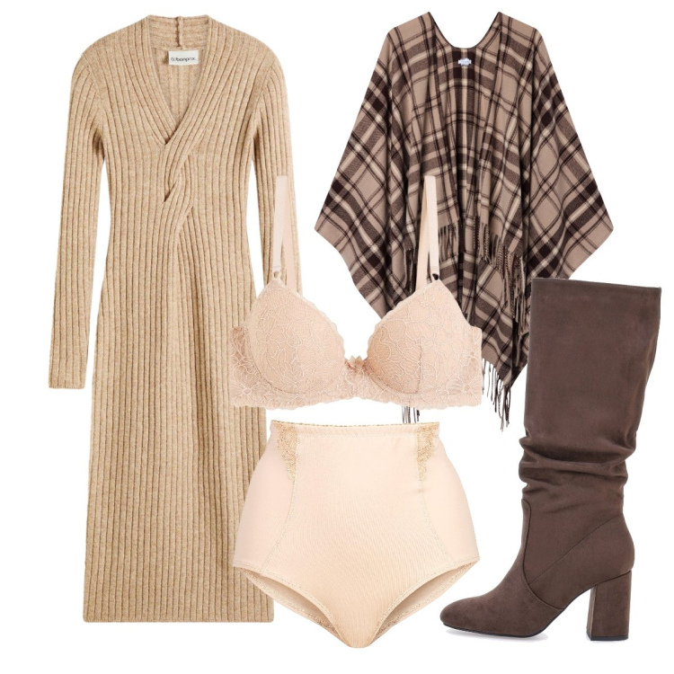 Outfit donna - L’abito in maglia & la mantella. Stile Etnico per Serata fuori. Abbinamento con vestiti, culotte, reggiseni, cappotti, stivali sopra il ginocchio.