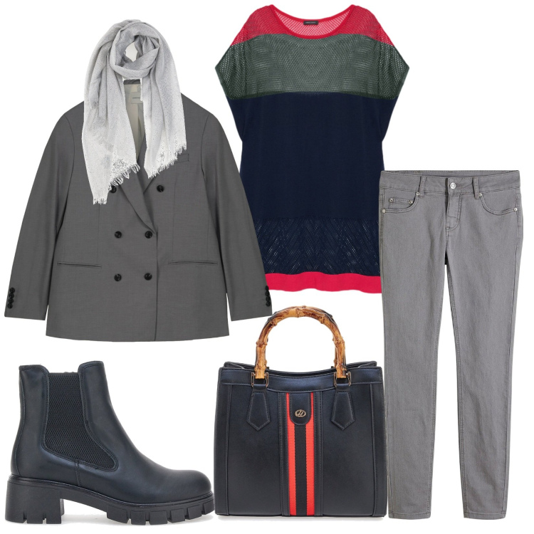 Outfit donna - Total look #2258666. Stile Casual chic per Tutti i giorni. Abbinamento con jeans skinny, stivaletti chelsea, blazer, borse a tracolla, foulard, bluse.