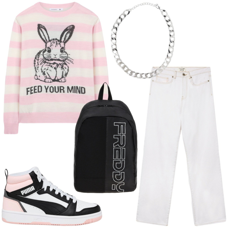 Outfit donna - Calda tenerezza. Stile Preppy per Tutti i giorni. Abbinamento con collane, jeans dritti, maglieria, zaini, sneakers.