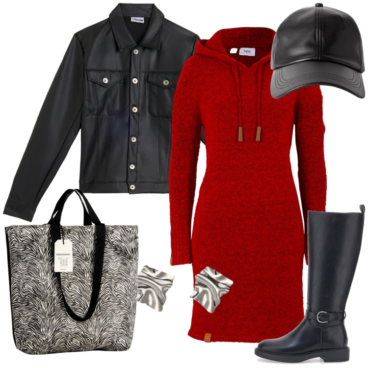 Outfit donna - Spese veloci la mattina. Stile Trendy per Tutti i giorni. Abbinamento con vestiti, cappelli con visiera, borse tote, giacche, stivali sopra il ginocchio, orecchini.