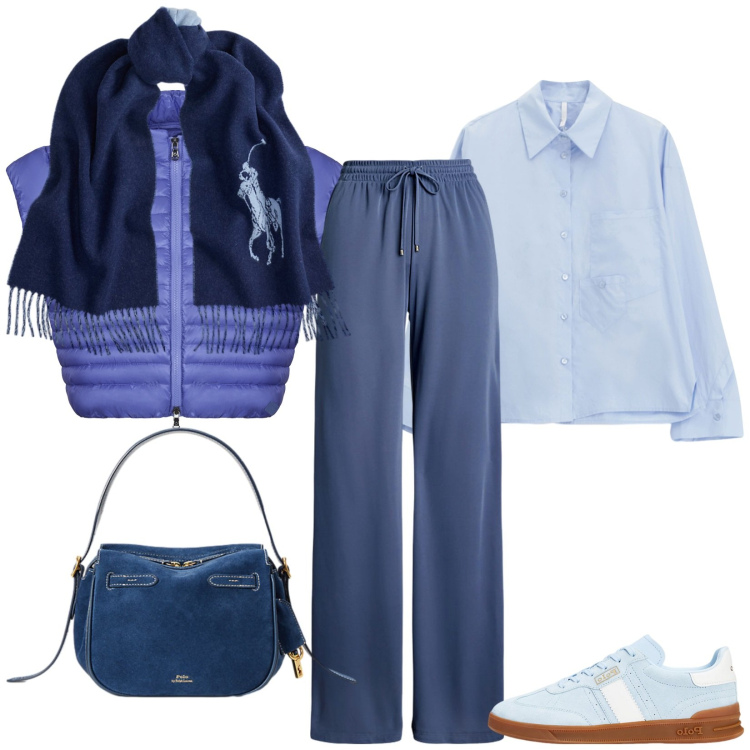 Outfit donna - Tempo libero. Stile Casual per Tutti i giorni. Abbinamento con blazer, camicie, sneakers, pantaloni, borse a mano, sciarpe.