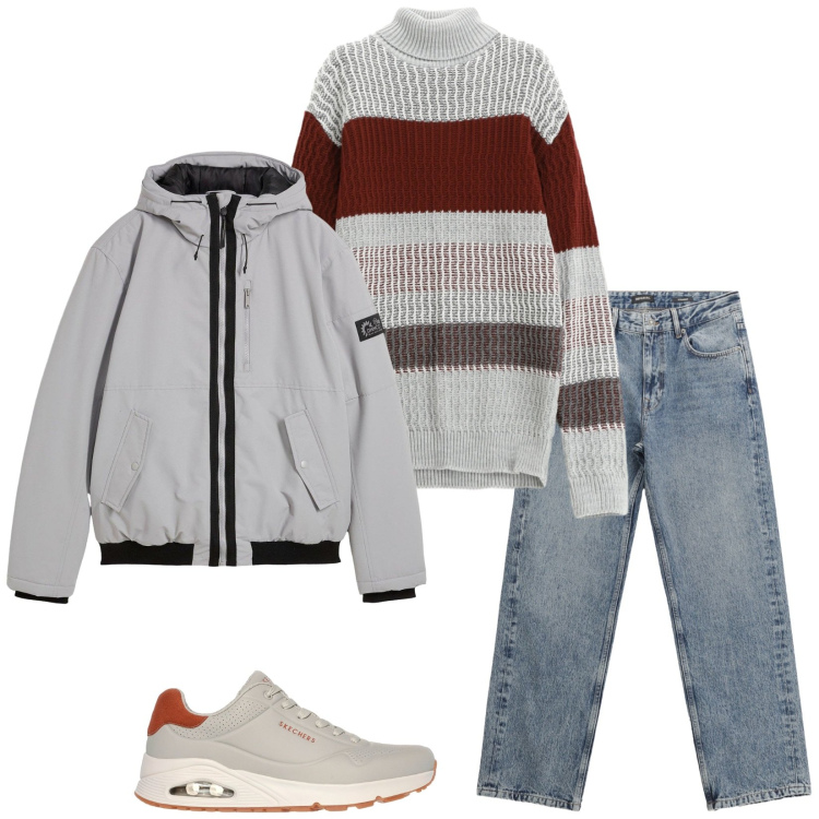 Outfit uomo - I primi freddi. Stile Casual per Tutti i giorni. Abbinamento con piumini, jeans dritti, maglieria, sneakers.