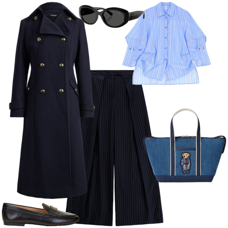 Outfit donna - Total look #2258676. Stile Trendy per Tutti i giorni. Abbinamento con camicie, pantaloni a palazzo, cappotti, mocassini, occhiali da sole, borse tote.
