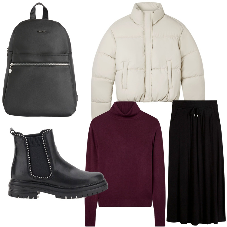 Outfit donna - Stivaletto comodo. Stile Minimal per Scuola/Università. Abbinamento con gonne, maglieria, bomber, zaini, stivaletti chelsea.
