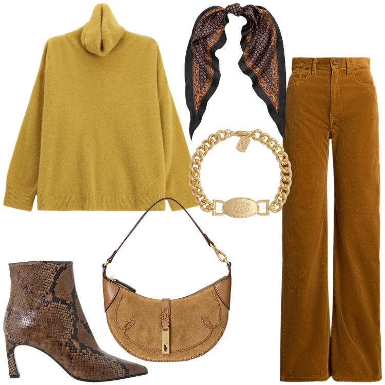 Outfit donna - Mix di gialli e marroni. Stile Chic per Serata fuori. Abbinamento con maglieria, stivaletti, borse a spalla, braccialetti, pantaloni, foulard.