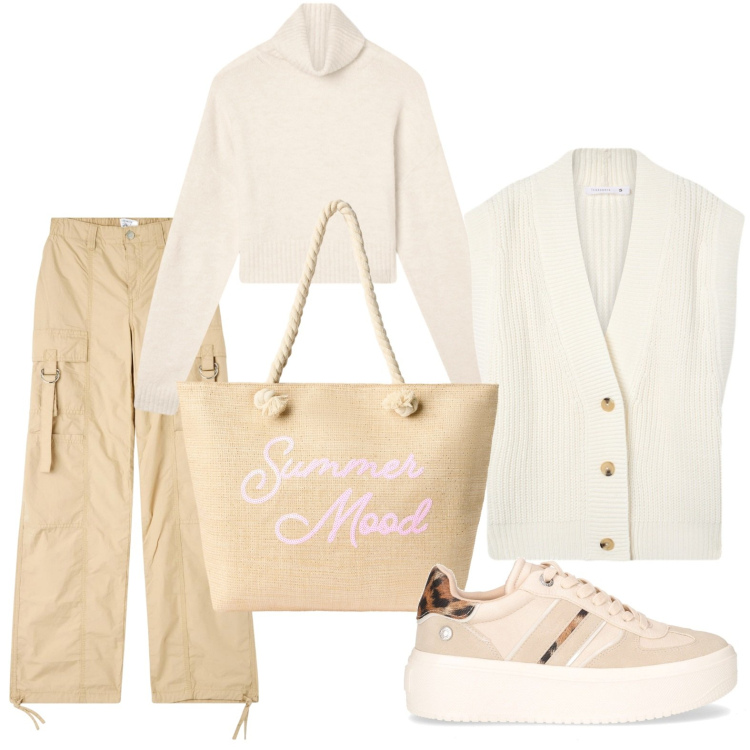 Outfit donna - Shopper stilosa. Stile Minimal per Scuola/Università. Abbinamento con borse tote, gilet, maglieria, pantaloni cargo, sneakers.