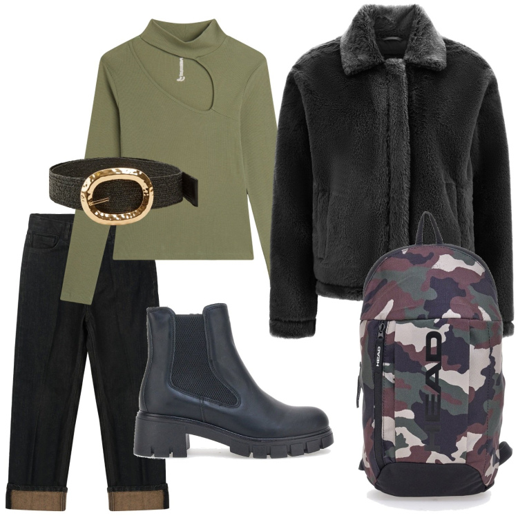 Outfit donna - Toni urban. Stile Military per Scuola/Università. Abbinamento con cinture, cappotti, maglieria, jeans dritti, stivaletti chelsea, zaini.