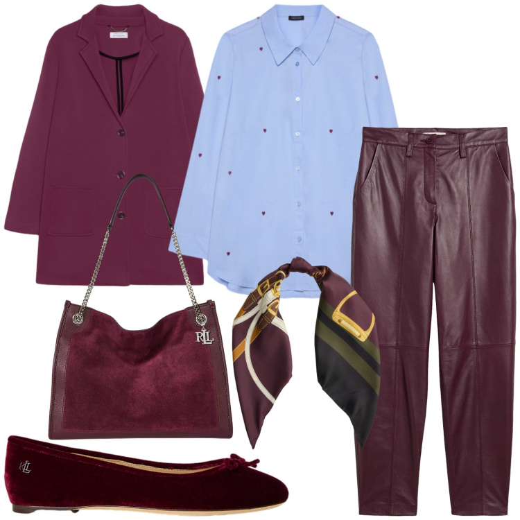 Outfit donna - Borgogna e cuoricini. Stile Casual chic per Scuola/Università. Abbinamento con pantaloni, foulard, ballerine, borse tote, camicie, cappotti.