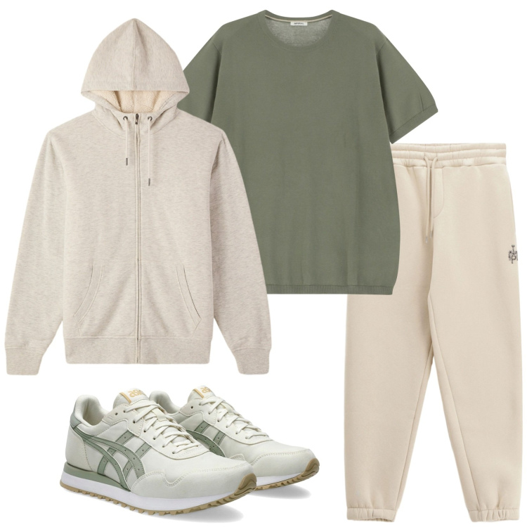 Outfit uomo - Burro e salvia. Stile Casual per Sport. Abbinamento con felpe con cappuccio, t-shirt, pantaloni, sneakers.