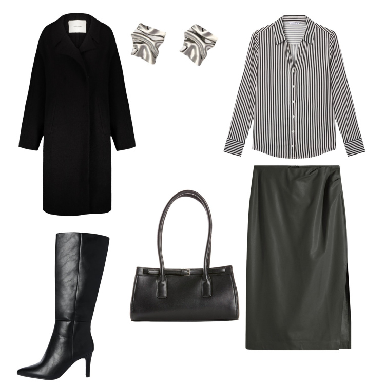 Outfit donna - Bam. Stile Rock per Serata fuori. Abbinamento con gonne longuette, borse a mano, camicie, stivali sopra il ginocchio, cappotti, orecchini.