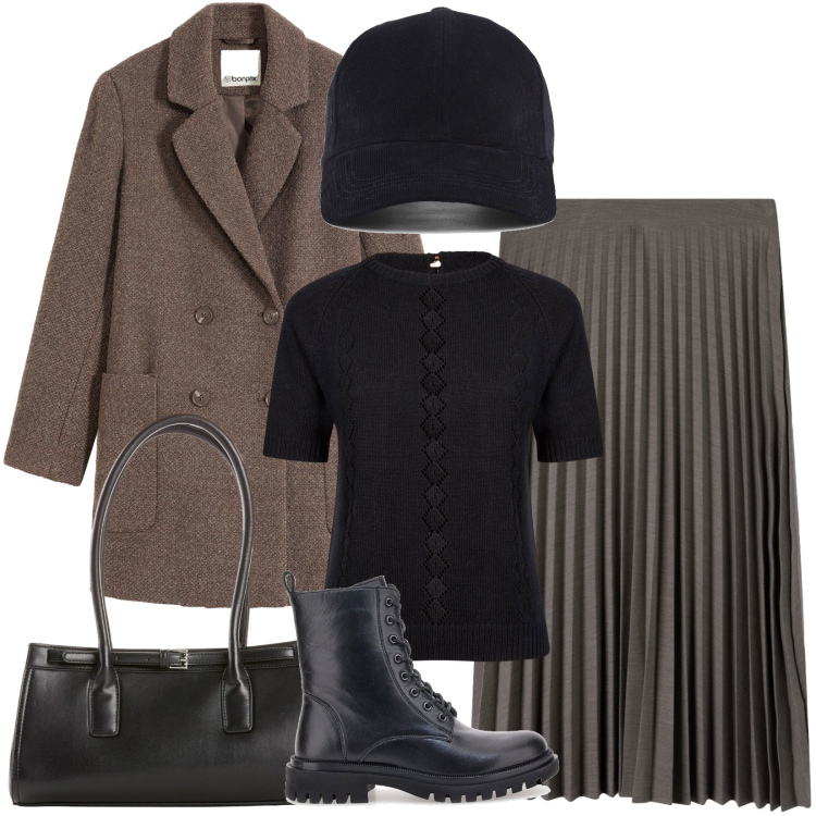 Outfit donna - Total look #2258694. Stile Casual per Tutti i giorni. Abbinamento con cappotti, borse a mano, gonne lunghe, maglieria, cappelli con visiera, anfibi.