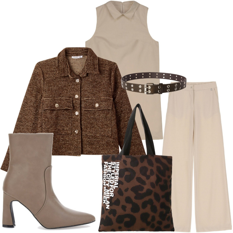 Outfit donna - Ottobre fashion. Stile Minimal per Ufficio. Abbinamento con cinture, blazer, pantaloni, shopping bag, stivaletti, vestiti a tubino.