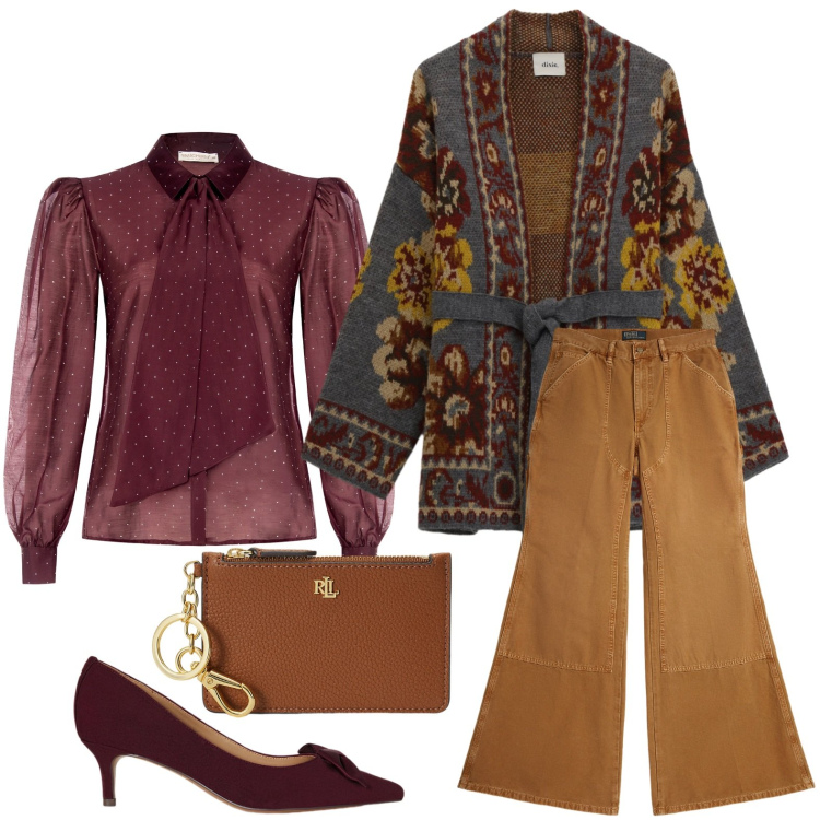 Outfit donna - Maglioni avvolgenti. Stile Etnico per Scuola/Università. Abbinamento con camicie, cardigans, décolleté, pantaloni, portafogli.