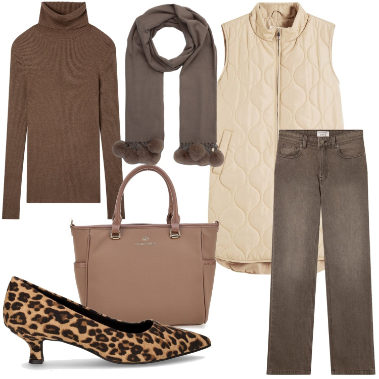 Outfit donna - Dettaglio animalier. Stile Glamour per Tutti i giorni. Abbinamento con piumini, jeans bootcut, maglieria, sciarpe, borse a tracolla, décolleté.