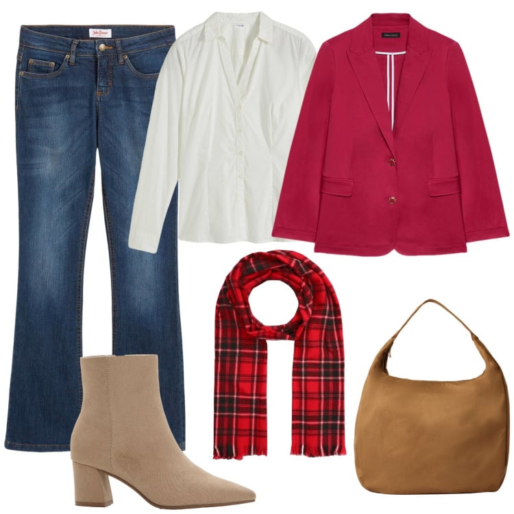 Outfit donna - La giacca rossa. Stile Basic per Tutti i giorni. Abbinamento con camicie, jeans bootcut, stivaletti, borse a mano, sciarpe, blazer.