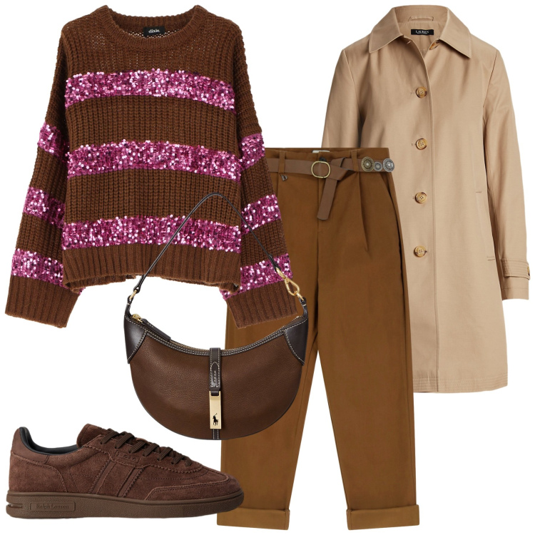 Outfit donna - Total look #2258704. Stile Glamour per Tutti i giorni. Abbinamento con maglieria, pantaloni, sneakers, borse a spalla, trench.