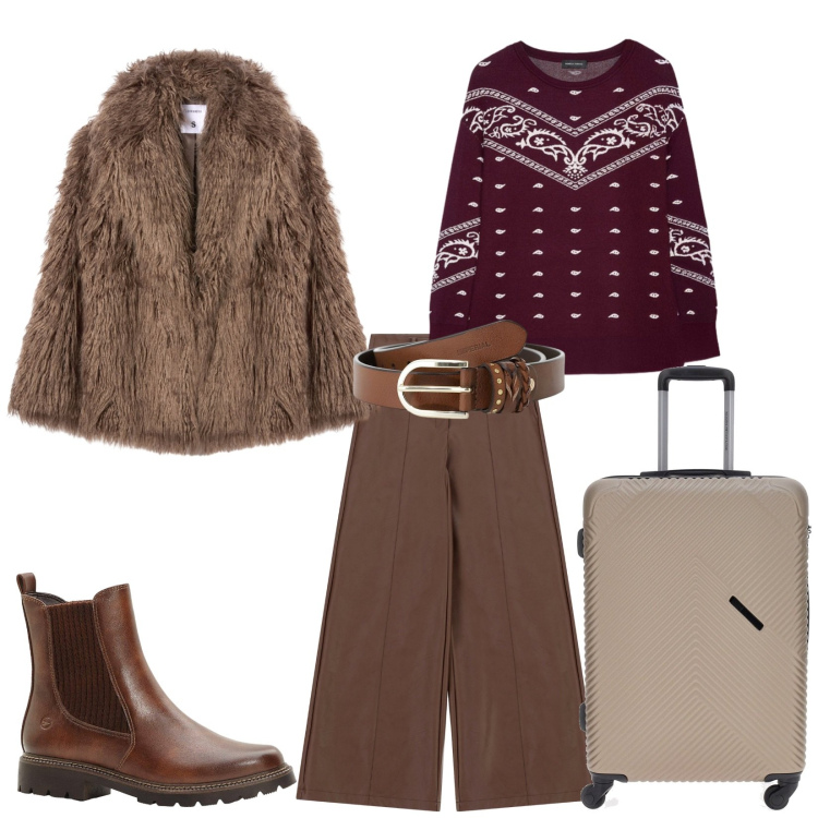 Outfit donna - Total look #2258705. Stile Casual chic per Tutti i giorni. Abbinamento con stivaletti chelsea, ecopellicce, pantaloni a palazzo, cinture, valigie, maglieria.