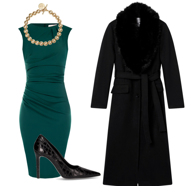 Outfit donna - Eleganza. Stile Chic per Serata fuori. Abbinamento con cappotti, vestiti a tubino, braccialetti, décolleté.