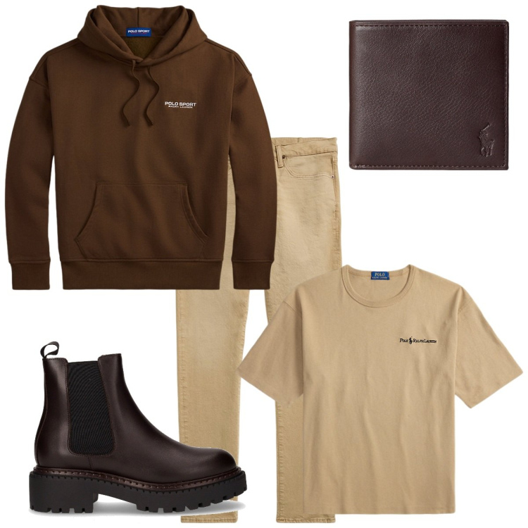 Outfit uomo - Total look #2258707. Stile Urban per Tutti i giorni. Abbinamento con jeans, portafogli, felpe con cappuccio, t-shirt, stivali e stivaletti.