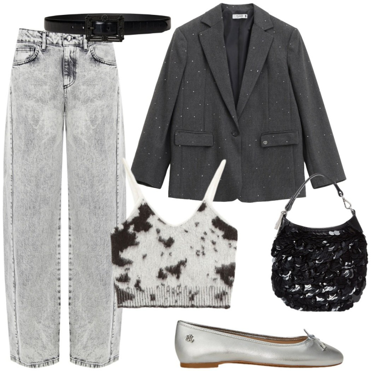 Outfit donna - Jeans di sera. Stile Glamour per Serata fuori. Abbinamento con blazer, jeans, top, ballerine, pochette, cinture.