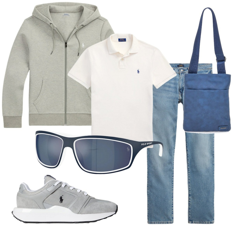 Outfit uomo - Total look #2258710. Stile Trendy per Tutti i giorni. Abbinamento con felpe, polo, sneakers, occhiali da sole, jeans dritti, portafogli.
