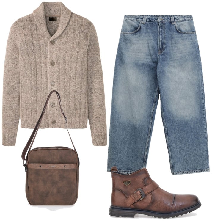Outfit uomo - Nei colori dell\'autunno. Stile Casual Abbinamento con cardigans, jeans, stivali e stivaletti, portafogli.
