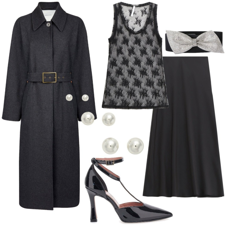 Outfit donna - Serata speciale. Stile Glamour per Serata fuori. Abbinamento con gonne lunghe, canottiere, orecchini, décolleté, cappotti, cinture.