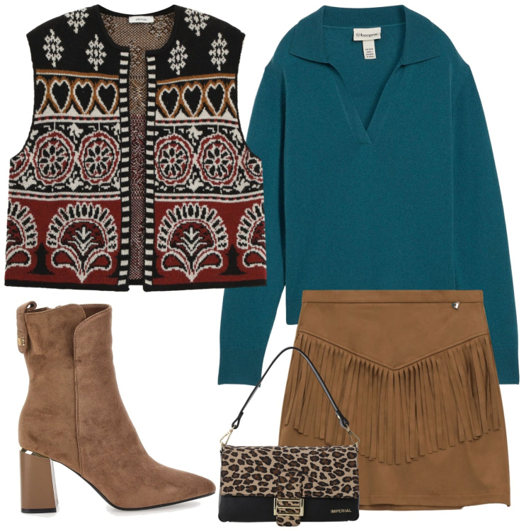 Outfit donna - Moda folk. Stile Etnico per Serata fuori. Abbinamento con maglieria, borse a spalla, minigonne, gilet, stivaletti.