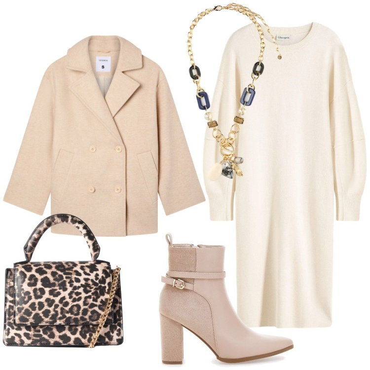 Outfit donna - Toni neutri per l\' autunno. Stile Casual chic per Tutti i giorni. Abbinamento con vestiti, borse a tracolla, caban, collane, stivaletti.