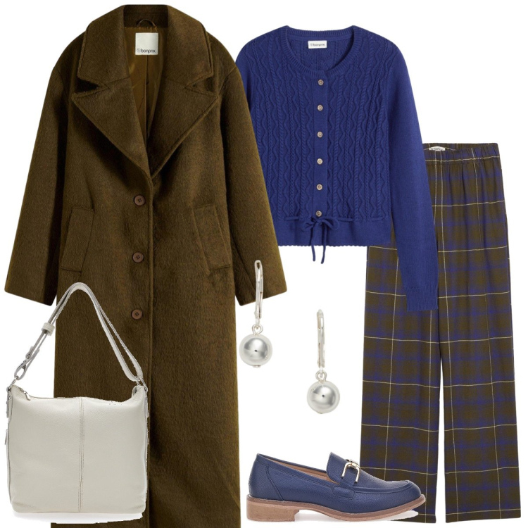Outfit donna - Università. Stile Casual chic per Scuola/Università. Abbinamento con cardigans, cappotti, pantaloni, orecchini, borse a spalla, mocassini.