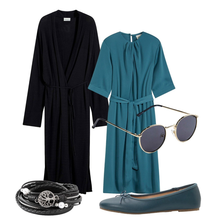 Outfit donna - Ottanio Bon Prix. Stile Casual chic per Scuola/Università. Abbinamento con vestiti midi/longuette, ballerine, braccialetti, occhiali da sole, cappotti.
