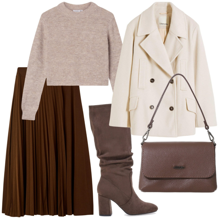 Outfit donna - Total look #2258719. Stile Bon Ton per Tutti i giorni. Abbinamento con caban, maglieria, gonne lunghe, borse a tracolla, stivali sopra il ginocchio.