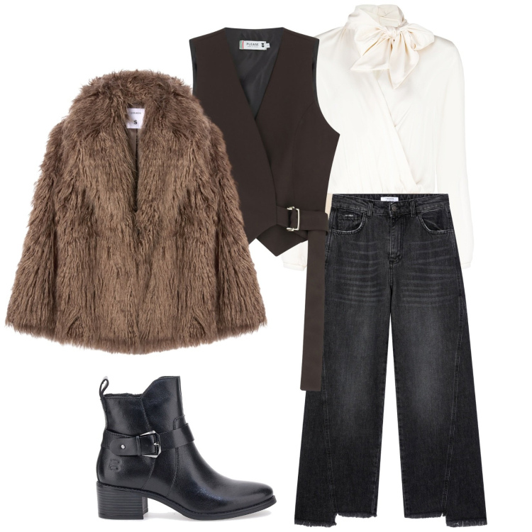 Outfit donna - L\'autunno alle porte. Stile Casual chic per Tutti i giorni. Abbinamento con ecopellicce, jeans, gilet, bluse, stivali sopra il ginocchio.