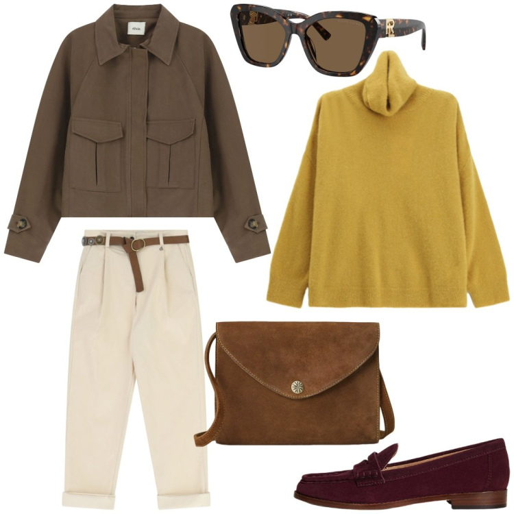 Outfit donna - I caldi colori dell\' autunno. Stile Casual chic per Tutti i giorni. Abbinamento con maglieria, pantaloni, bomber, borse a tracolla, occhiali da sole, mocassini.