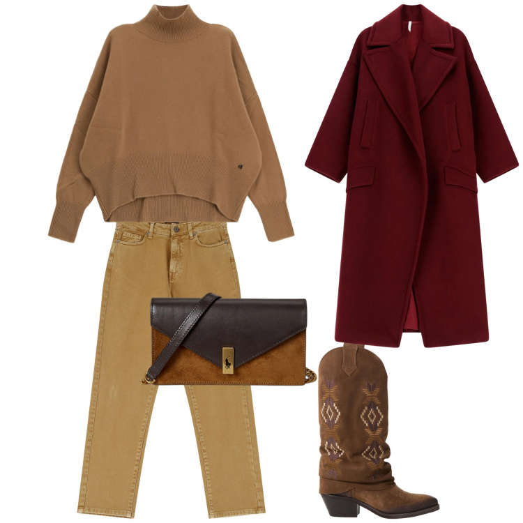 Outfit donna - Una giornata di relax. Stile Casual per Tutti i giorni. Abbinamento con cappotti, maglieria, pantaloni, stivali, clutch.
