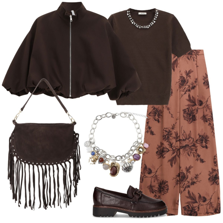 Outfit donna - Tempo libero. Stile Boho per Tutti i giorni. Abbinamento con bomber, maglieria, pantaloni a palazzo, braccialetti con ciondoli, borse a tracolla, mocassini.