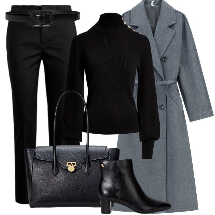 Outfit donna - Total look #2258726. Stile Minimal per Ufficio. Abbinamento con cappotti, stivaletti, borse a mano, maglieria, pantaloni, cinture.