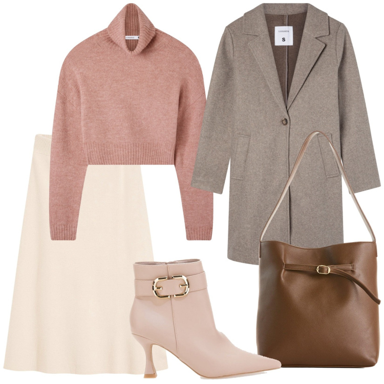 Outfit donna - Total look #2258731. Stile Casual chic per Tutti i giorni. Abbinamento con gonne, borse a mano, cappotti, maglieria, stivaletti.