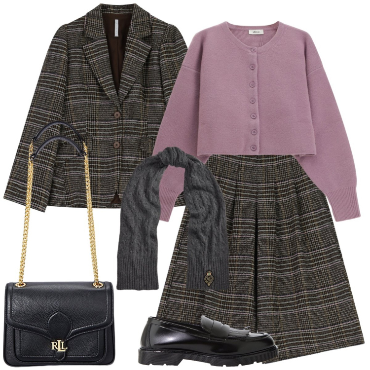 Outfit donna - Quadri. Stile Preppy per Tutti i giorni. Abbinamento con blazer, pantaloni a palazzo, cardigans, mocassini, borse a spalla, sciarpe.