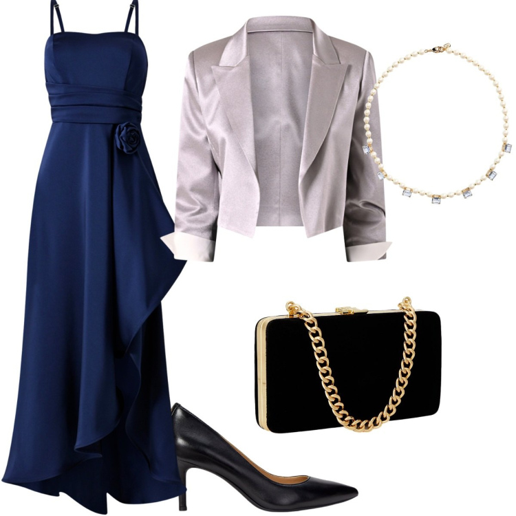 Outfit donna - Glamour autunnale. Stile Glamour per Cerimonia. Abbinamento con blazer, vestiti lunghi, clutch, collane, décolleté.