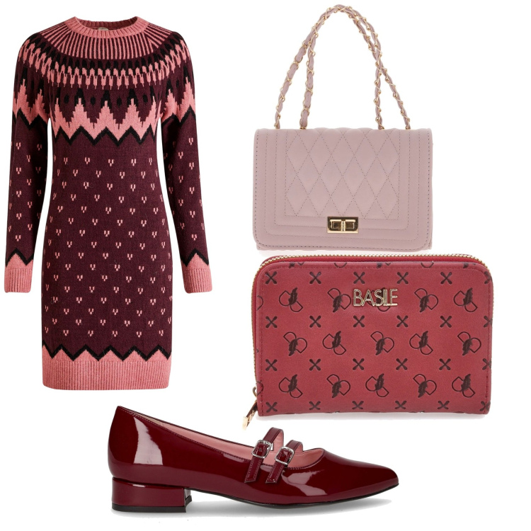 Outfit donna - Rosa e bordeaux. Stile Casual per Tutti i giorni. Abbinamento con vestiti, borse a tracolla, portafogli, ballerine.