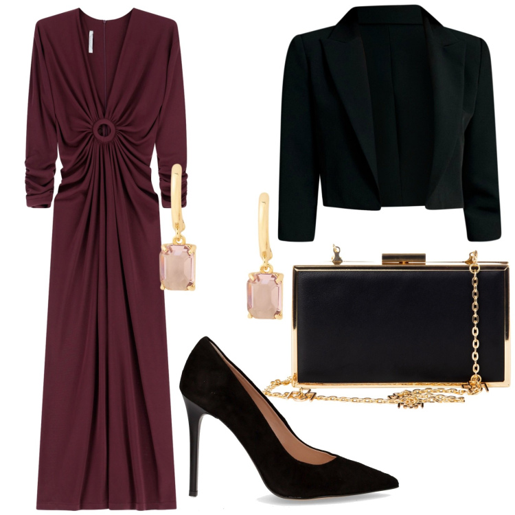 Outfit donna - Total look #2258738. Stile Glamour per Cerimonia. Abbinamento con bolero, pochette, vestiti lunghi, orecchini, décolleté.