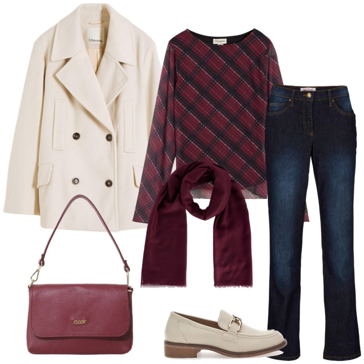 Outfit donna - Quadri e jeans. Stile Casual chic per Tutti i giorni. Abbinamento con jeans dritti, caban, maglieria, foulard, borse a tracolla, mocassini.